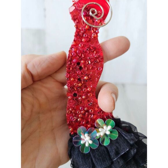 Red evening dress ornament vintage fancy beaded fringe ruffle Xmas tree - Picture 3 of 8
